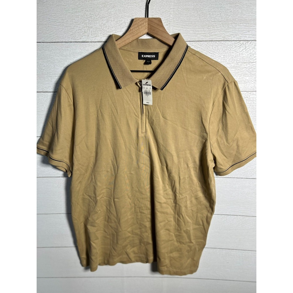 Express Mens Polo Shirt Large Tan Zip Collar Short Sleeve Tipped Trim $50 NWT